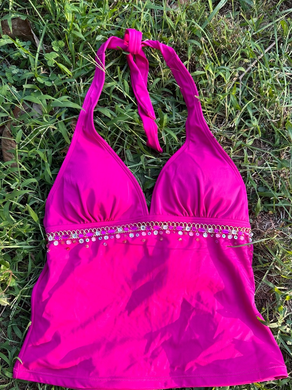 Y2K Bejeweled Hot Pink Halter Tankini Top Beaded Built-In Bra Newport News Sz 8